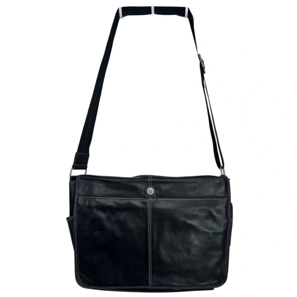 NWT Perry Ellis Portfolio Full Flap Black Leather Adjustable Messenger Bag
